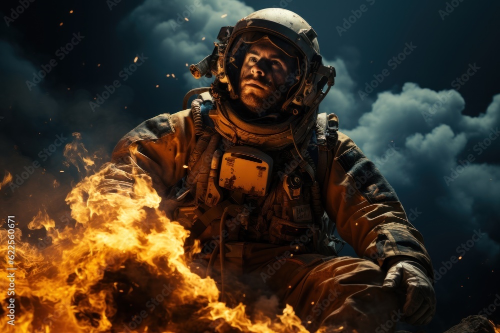 Poster a man in a space suit sitting in front of a fire. generative ai image.