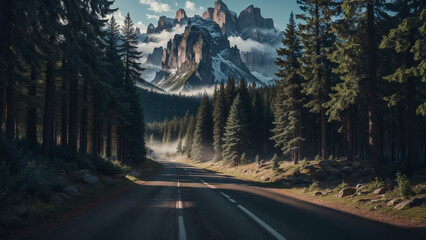 View of the road embraced by the surrounding forest led the way towards a stunning backdrop of majestic snowy mountains creating a captivating scene that merged nature's tranquility.