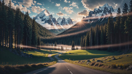 Scenic view revealed a winding green forest road, flanked by towering snow capped mountains, while bright lights danced through the trees, casting an ethereal glow upon the enchanting landscape.