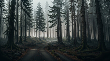 Obraz premium Mysterious forest exuded an enchanting aura, its ancient trees standing tall like sentinels guarding the secrets hidden within its depths.