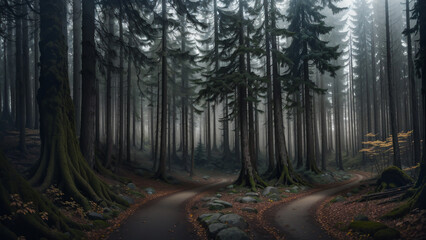 Naklejka premium Forest shrouded by a mysterious fog, a road emerged as a lifeline guiding wanderers through the enchanting veil.