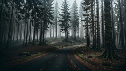 Road in the mysterious forest stretched disappearing into the depths inviting wanderers to explore its hidden wonders.