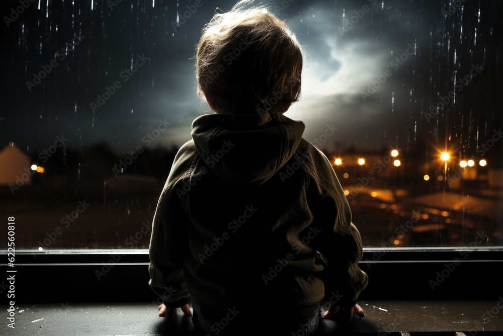Poster a little boy sitting on a window sill in the rain. generative ai image.