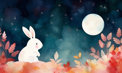お月見に満月を観るかわいい白ウサギ　Generative AI