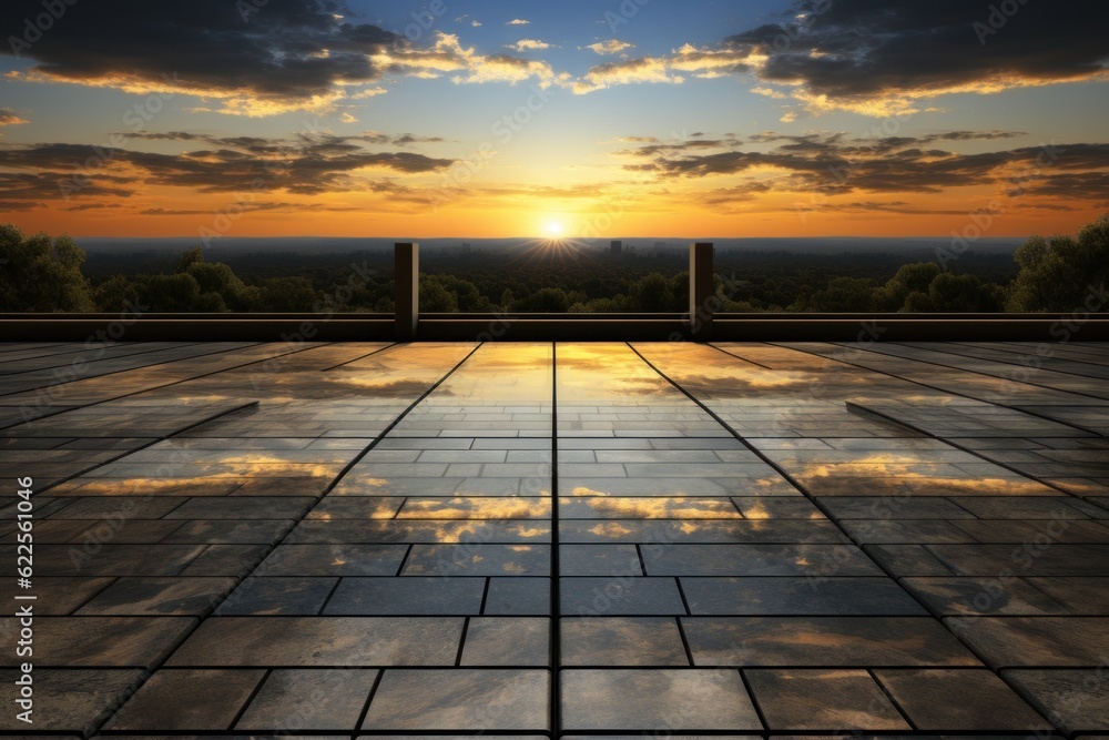 Poster the sun is setting behind the clouds in the sky. generative ai image.