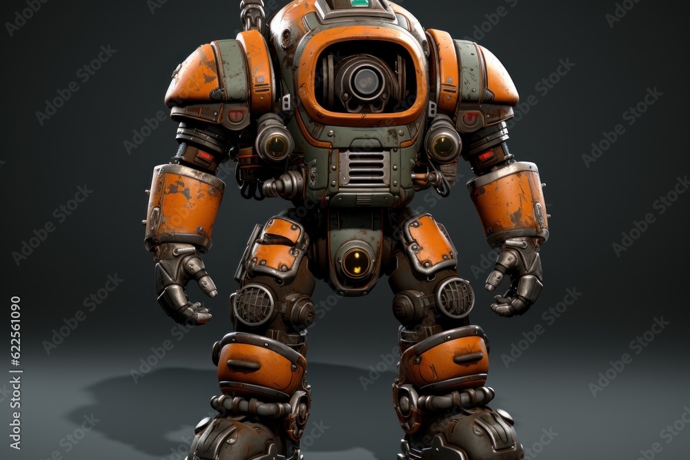 Poster a robot with a gas mask on it's head. generative ai image.