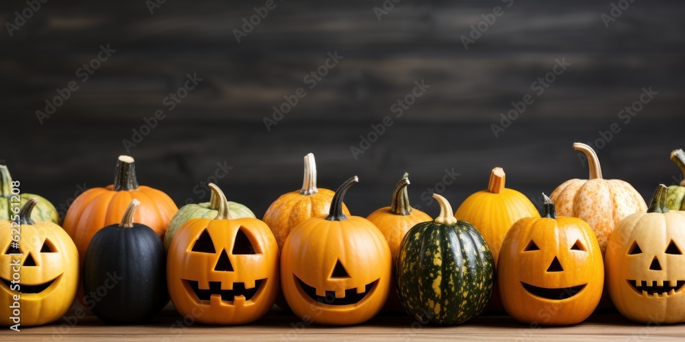 Poster a row of pumpkins with faces carved into them. generative ai image.