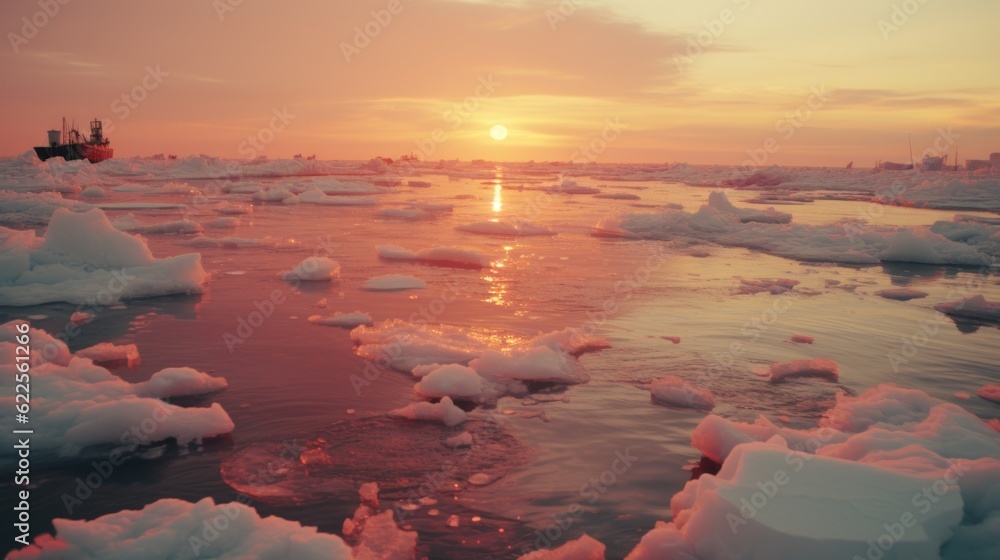 Poster the sun is setting over the ice in the water. generative ai image.