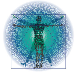 Vitruvian man with binary code, modern variation on the famous symbol.
Stylized drawing of vitruvian man with spiral of binary codes. Vector available.
