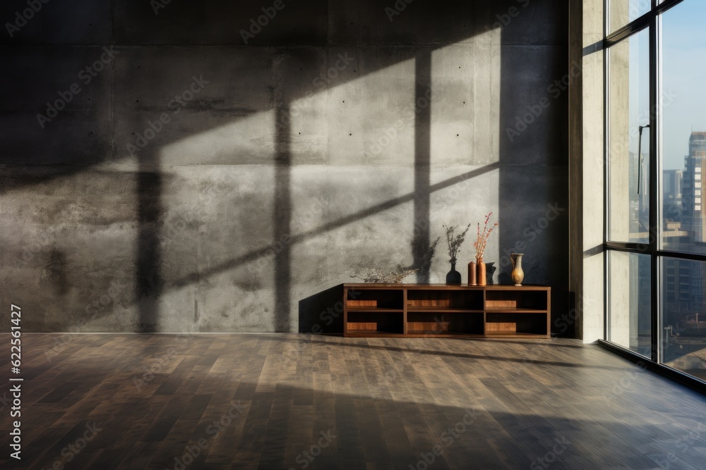Poster a room with a wooden floor and a large window. generative ai image.