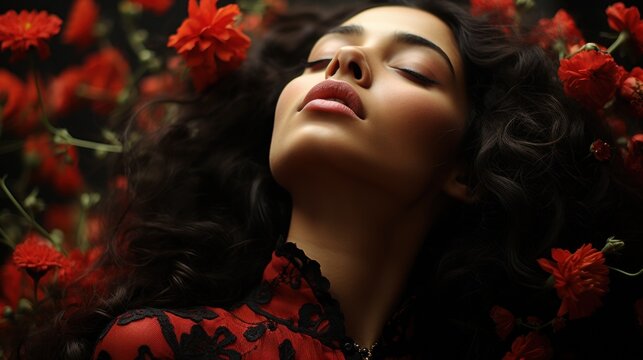 A Woman Laying In A Bed Of Red Flowers. Generative AI Image.