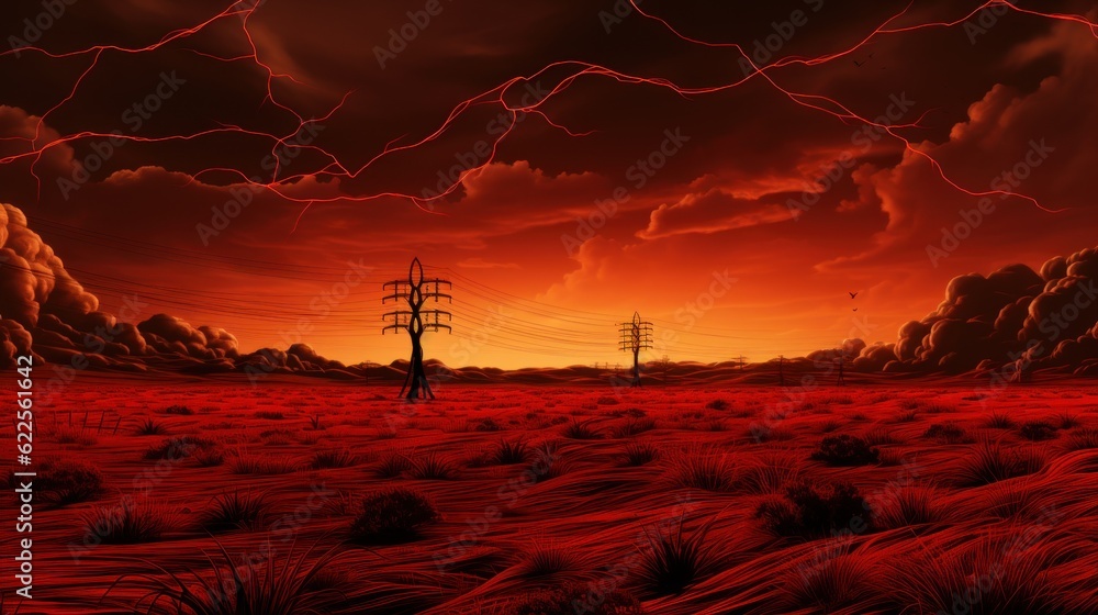 Poster a picture of a red field with power lines in the distance. generative ai image.
