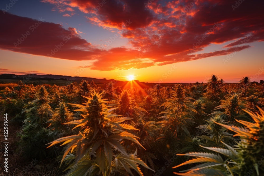 Aufkleber a field of plants with the sun setting in the background. generative ai image.