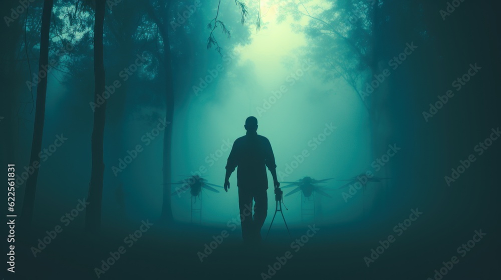 Poster a man is walking through a forest with skis. generative ai image.