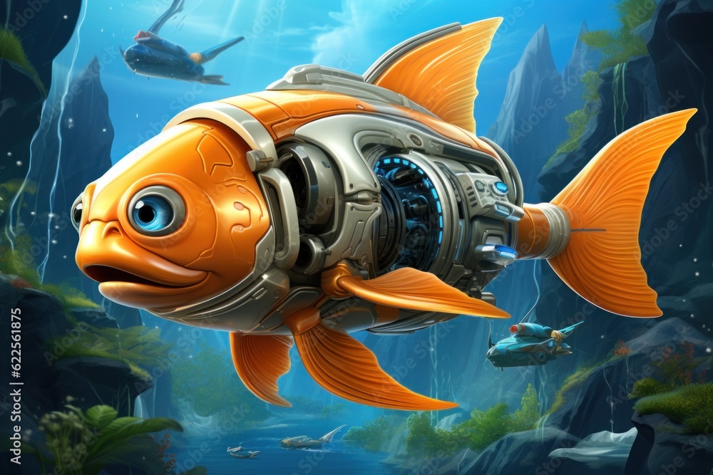 Poster a gold fish with a helmet on in the ocean. generative ai image.