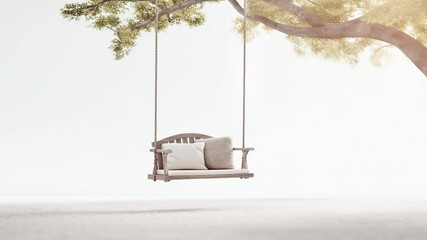 Wooden swing hanging on the tree.