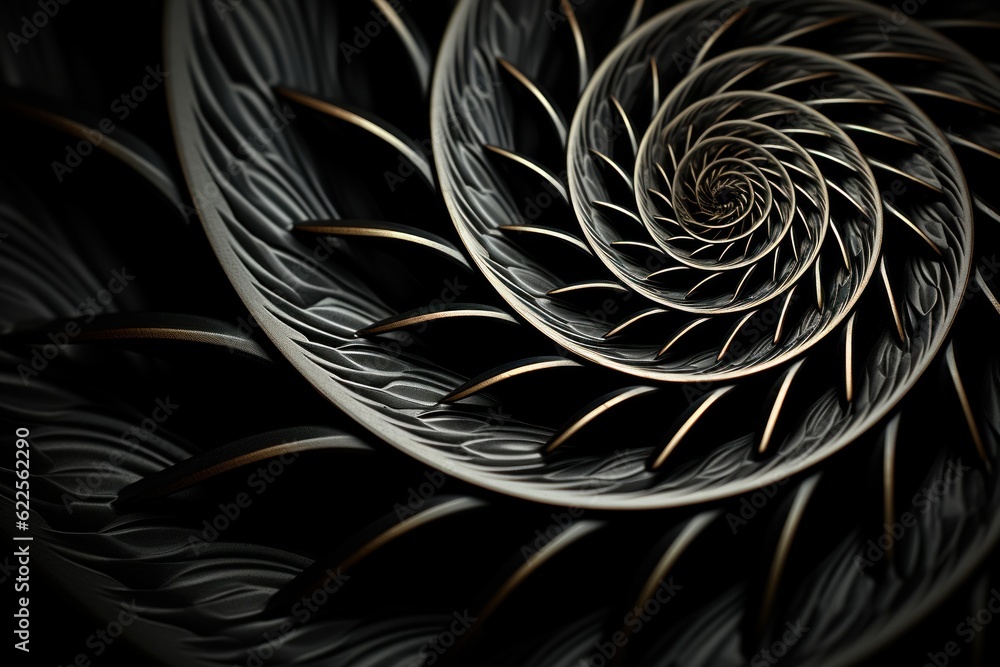 Poster a close up of a spiral design on a black background. generative ai image.