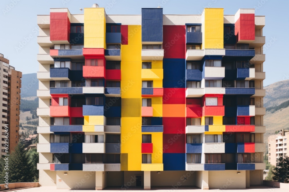 Aufkleber a multicolored apartment building in a city. generative ai image.