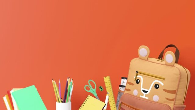 Colorful school stationery, supplies on orange background with copy space. Bottom border. Applicable for announcements, advertising. Education, daycare, preschool. Back to school shopping, sale. 3D