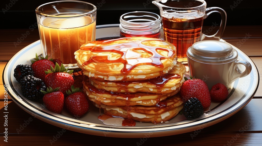 Poster a stack of pancakes with syrup and berries on a plate. generative ai image.