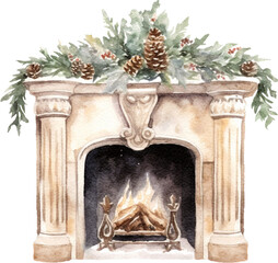 Decorated christmas fireplace illustration created with Generative AI technology
