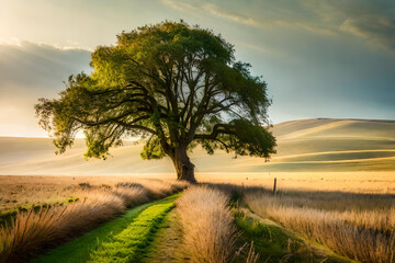 Solitary tree in beautiful landscape of wide field
