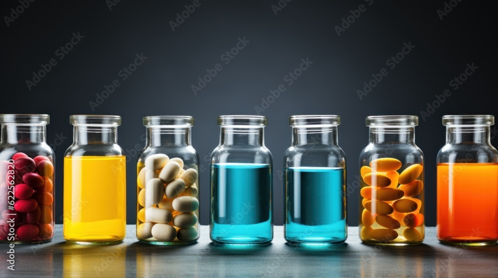 Poster a row of bottles filled with different colored pills. generative ai image.