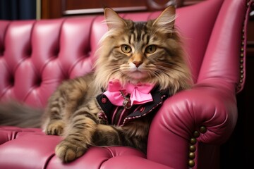 A cat sitting on a pink leather chair. Generative AI image.