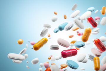 Flying colorful pills and drugs on blue background. Medicine and pharmaceuticals to health care and wellness.