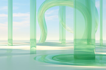 A vivid landscape of emerald glass juxtaposed against an infinite azure sky creates an ethereal, surreal beauty. Background copy space or layout for text. Pastel background.