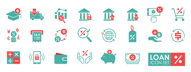 Loan icon set. Contains such Icons as Rate Calculator, Deposit and more. earning money and revenue icons. Solid icons collection.