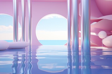 A captivating pink room with stately columns and a dreamy round window transports viewers to a world of vibrant fantasy. Background copy space or layout for text. Pastel background.