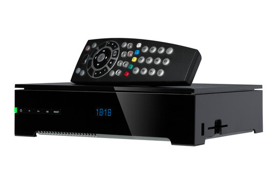 Tv decoder and remote control isolated on white background. Receiver