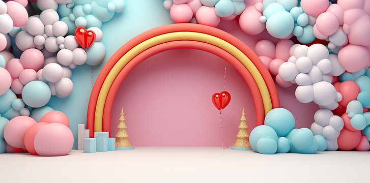 The vibrant colors of the balloons soar in the air, creating a beautiful and whimsical atmosphere that brings joy and wonder. Background copy space or layout for text. Pastel podium.