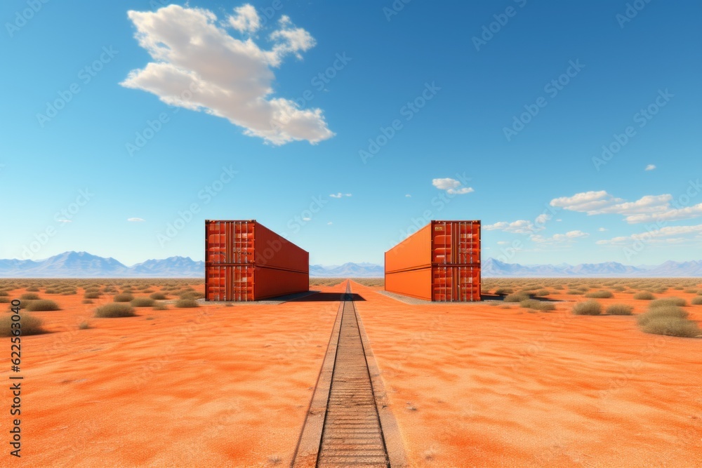 Aufkleber two red shipping containers sitting in the middle of a desert. generative ai image.