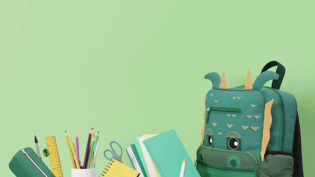 Colorful school stationery, supplies on green background with copy space. Bottom border. Applicable for announcements, advertising. Education, daycare, preschool. Back to school shopping, sale. 3D