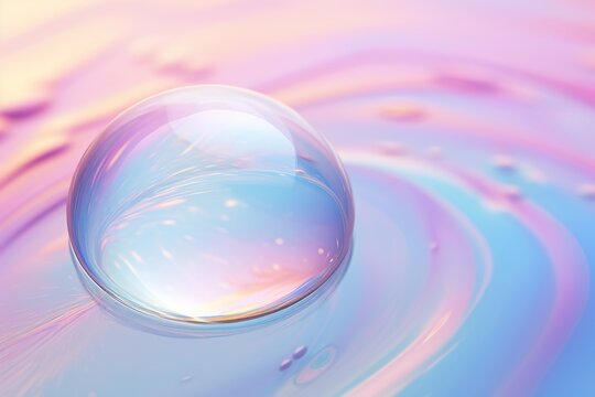 A single droplet of water captures the vibrant hues of the world in its reflection. Iridescent balloon bubble on pastel background with gradient.