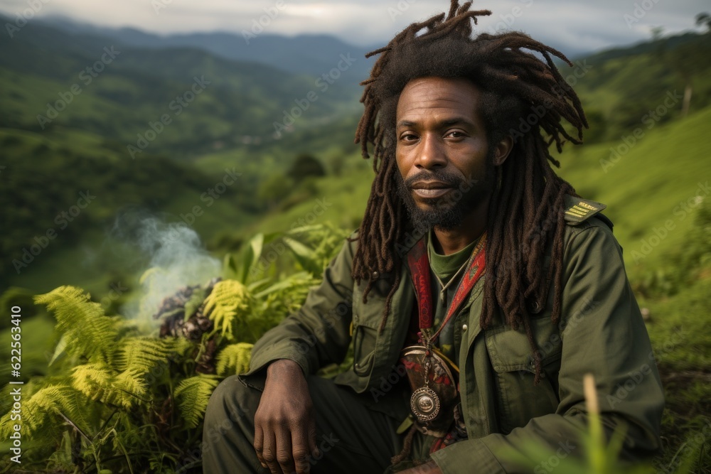 Poster a man with dreadlocks sitting on a hill. generative ai image.