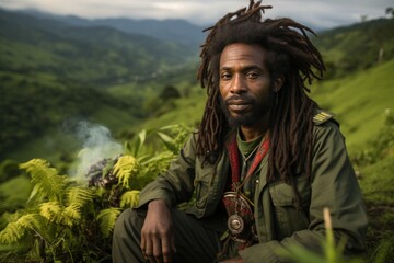 A man with dreadlocks sitting on a hill. Generative AI image.