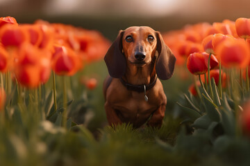 Dachshund in a garden with tulips in the background.