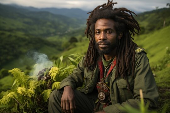 A man with dreadlocks sitting on a hill. Generative AI image.