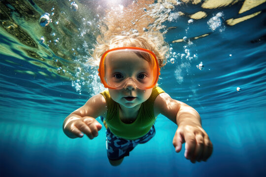 LIttle baby in goggles diving in swimming pool learning to swim underwater