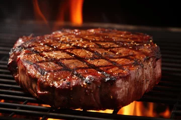 Tuinposter beef ribeye steak grilling on flaming grill © PinkiePie