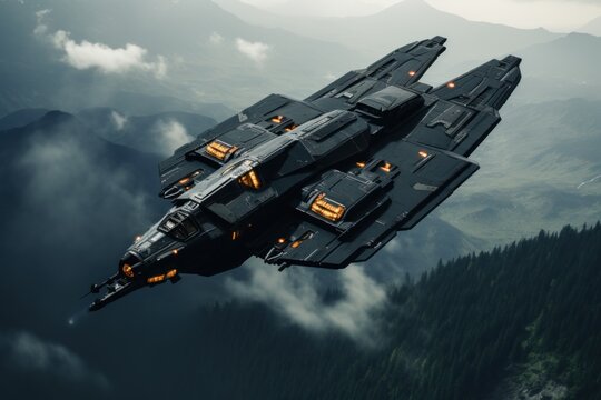 A futuristic fighter jet flying through the air. Generative AI image.