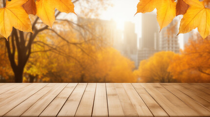 Naklejka na ściany i meble Empty wooden tabletop with autumn blurry background. Product display template.