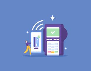 pay using EDC or Electronic Data Capture and smartphone. non-cash payment instruments. The payment method uses NFC. services and technology. mobile application. illustration concept design. vector