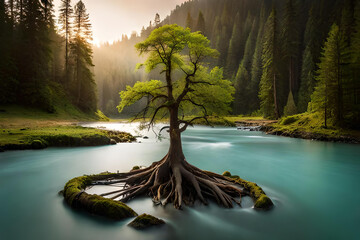 The blue river in the forest with isolated rooted tree in the middle - Powered by Adobe