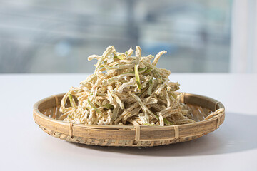 Dried shredded daikon radish on white background