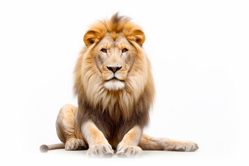 Close up of lion sitting on white surface with white background. Generative AI.