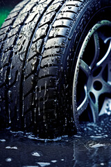 Close up of tire on wet road with water droplets on it. Generative AI.